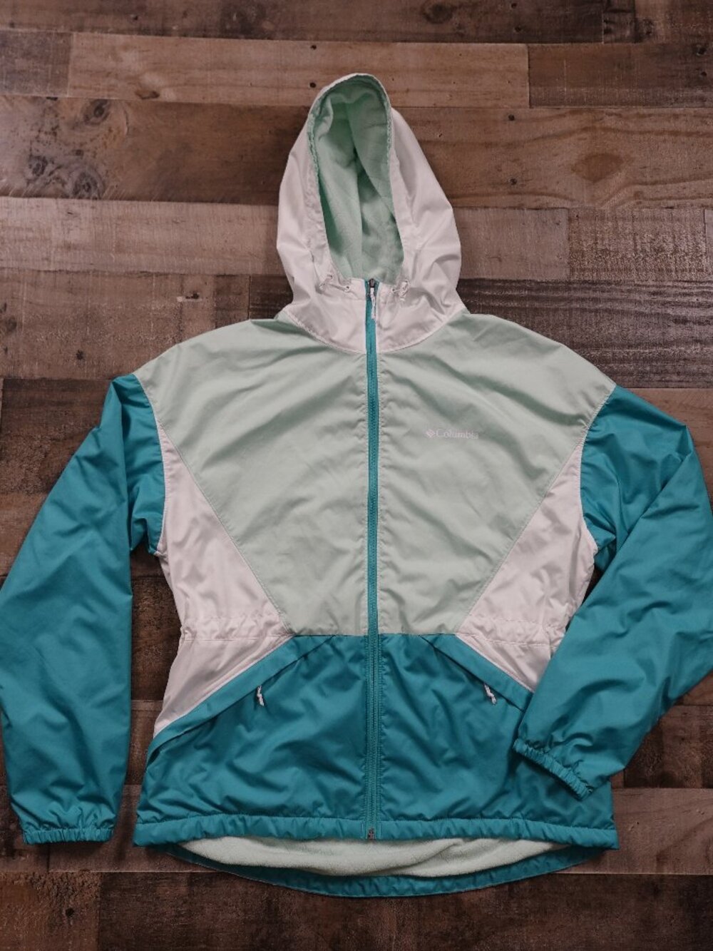 Columbia Fleece Lined Windbreaker Jacket Women's Medium Mint Teal Hooded
